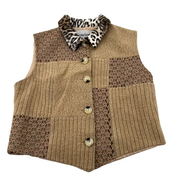 CONCINNO Patchwork Vintage Vest Leopard Collar Women's Size M Button Front - Picture 1 of 7